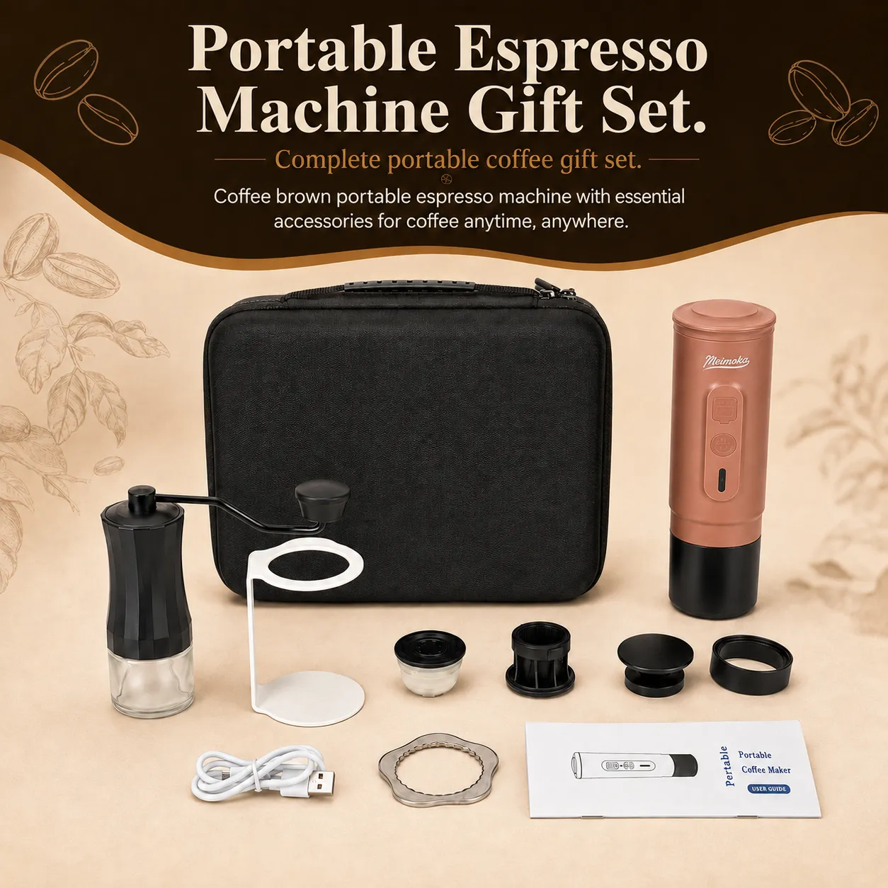 Portable Espresso Machine Travel Gift Set -Brown
